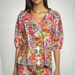 Johnny Was Garden Puff Sleeve Button Front Blouse